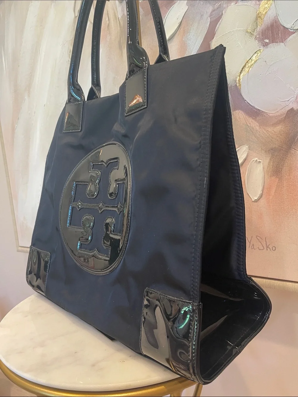 NWOT Tory Burch Black Nylon Tote with Patent Trim